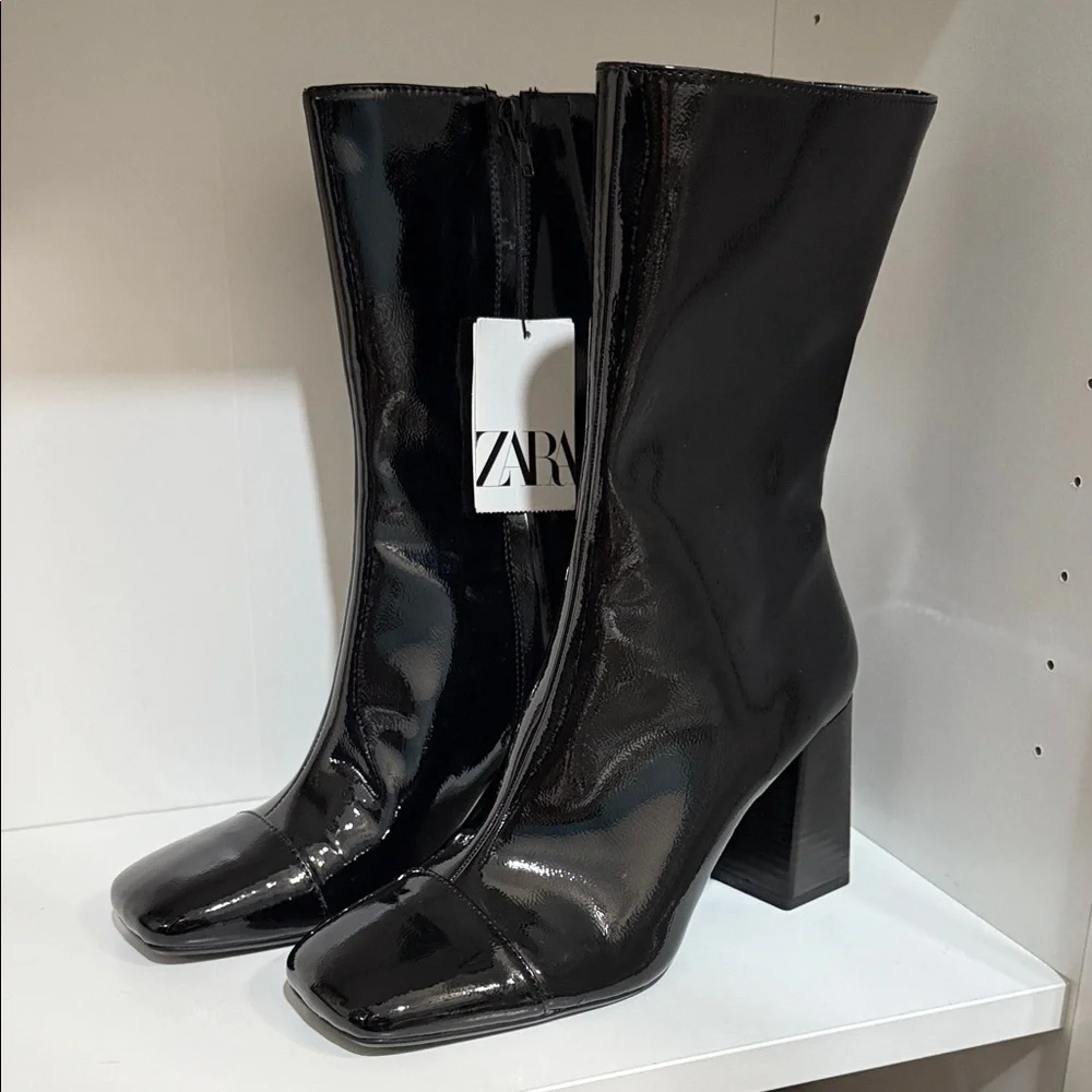 Zara Glossy Black Ankle Boots
